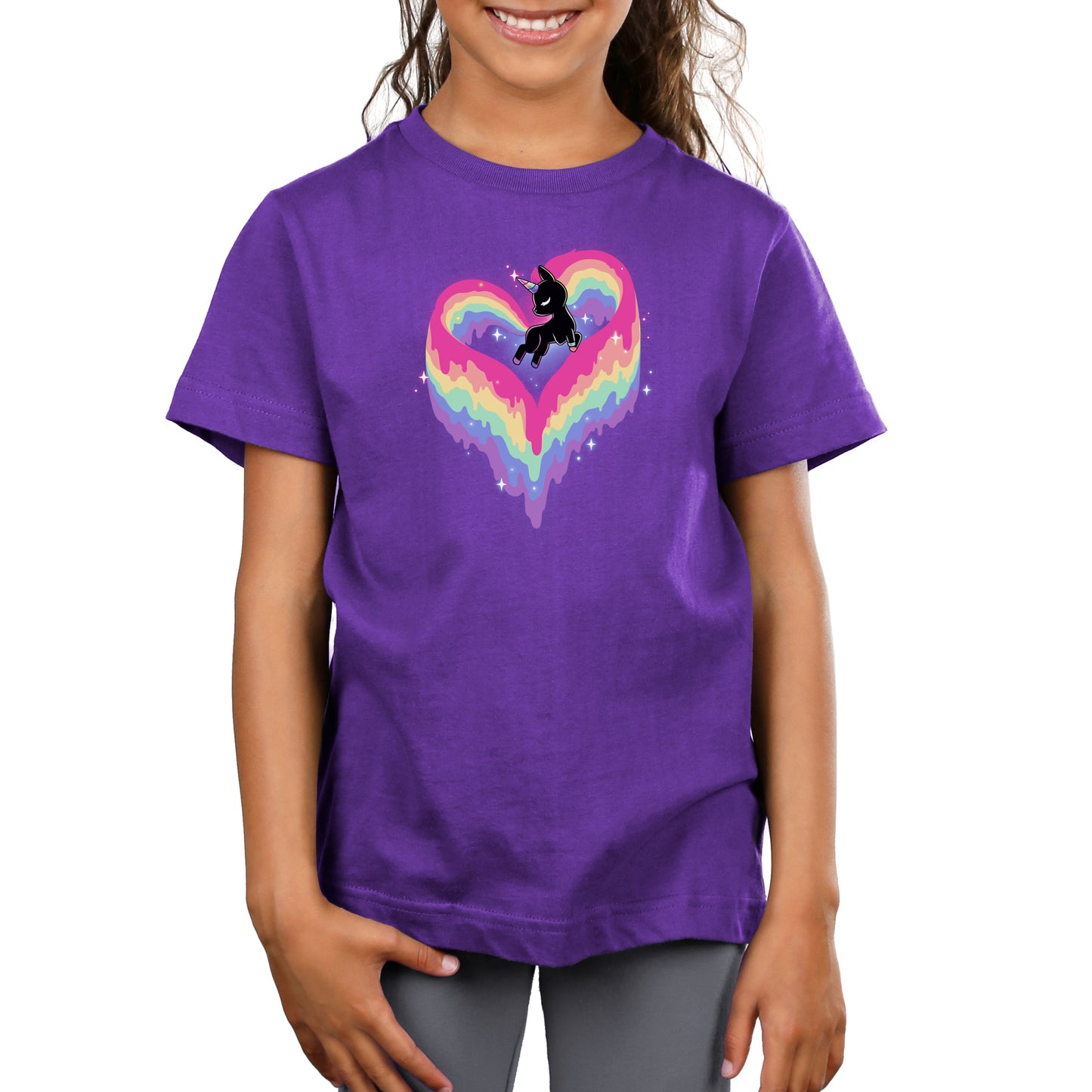 Premium Cotton T-shirt_TeeTurtle Rainbow Paint Unicorn purple t-shirt featuring an artistic unicorn with a rainbow tail and mane in the shape of a heart.