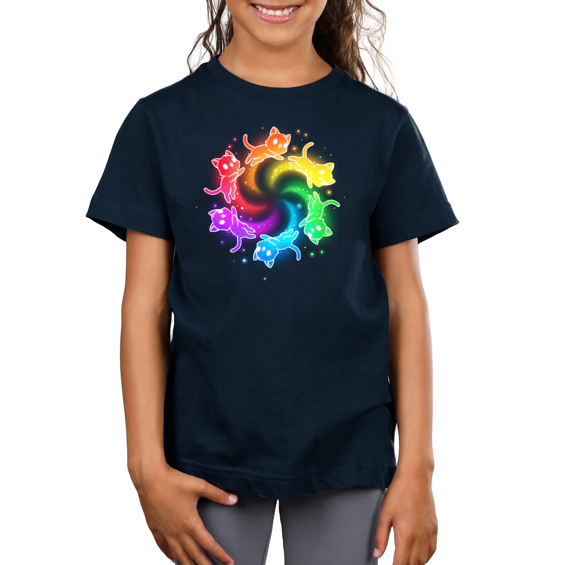 Premium Cotton T-shirt_TeeTurtle navy blue Rainbow Space Cats apparel featuring rainbow cats running in a circle trailing sparkles.