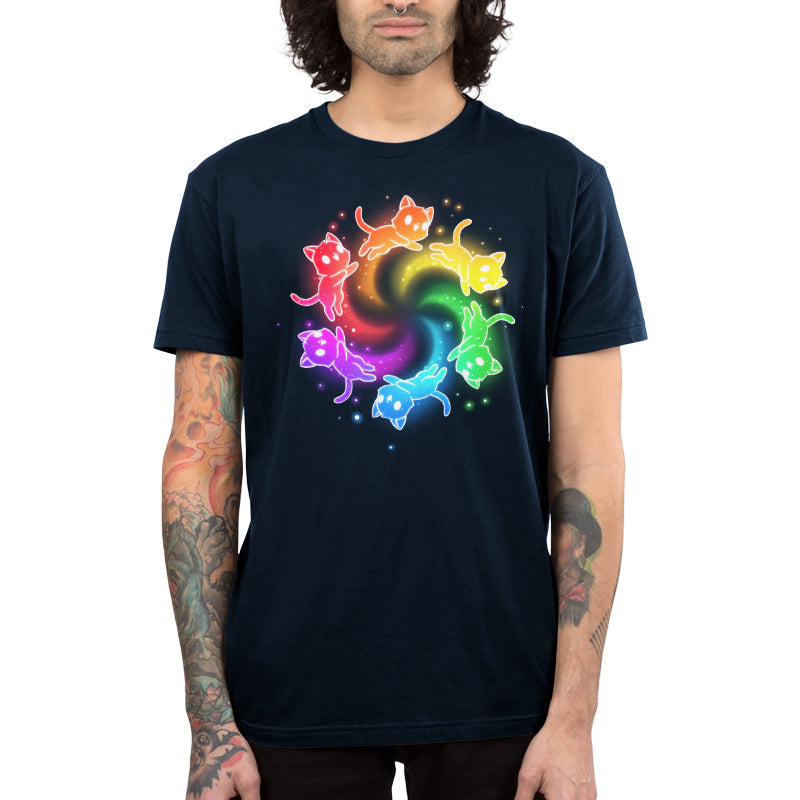 Premium Cotton T-shirt_TeeTurtle navy blue Rainbow Space Cats apparel featuring rainbow cats running in a circle trailing sparkles.