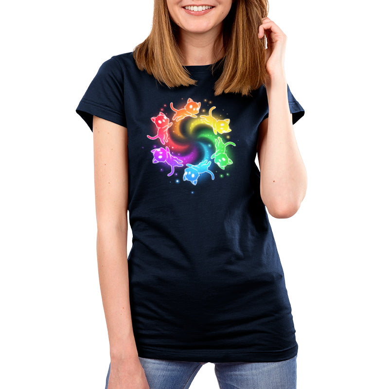 Premium Cotton T-shirt_TeeTurtle navy blue Rainbow Space Cats apparel featuring rainbow cats running in a circle trailing sparkles.