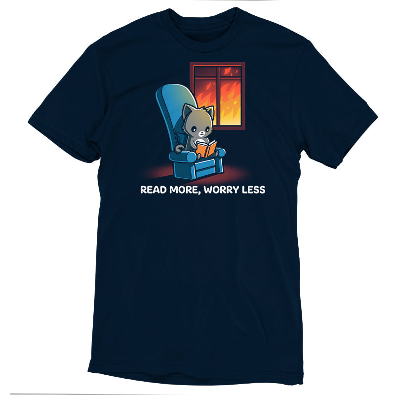 Premium Cotton T-shirt_TeeTurtle navy blue Read More, Worry Less. Featuring a cat reading indoors while the world outside is on fire.