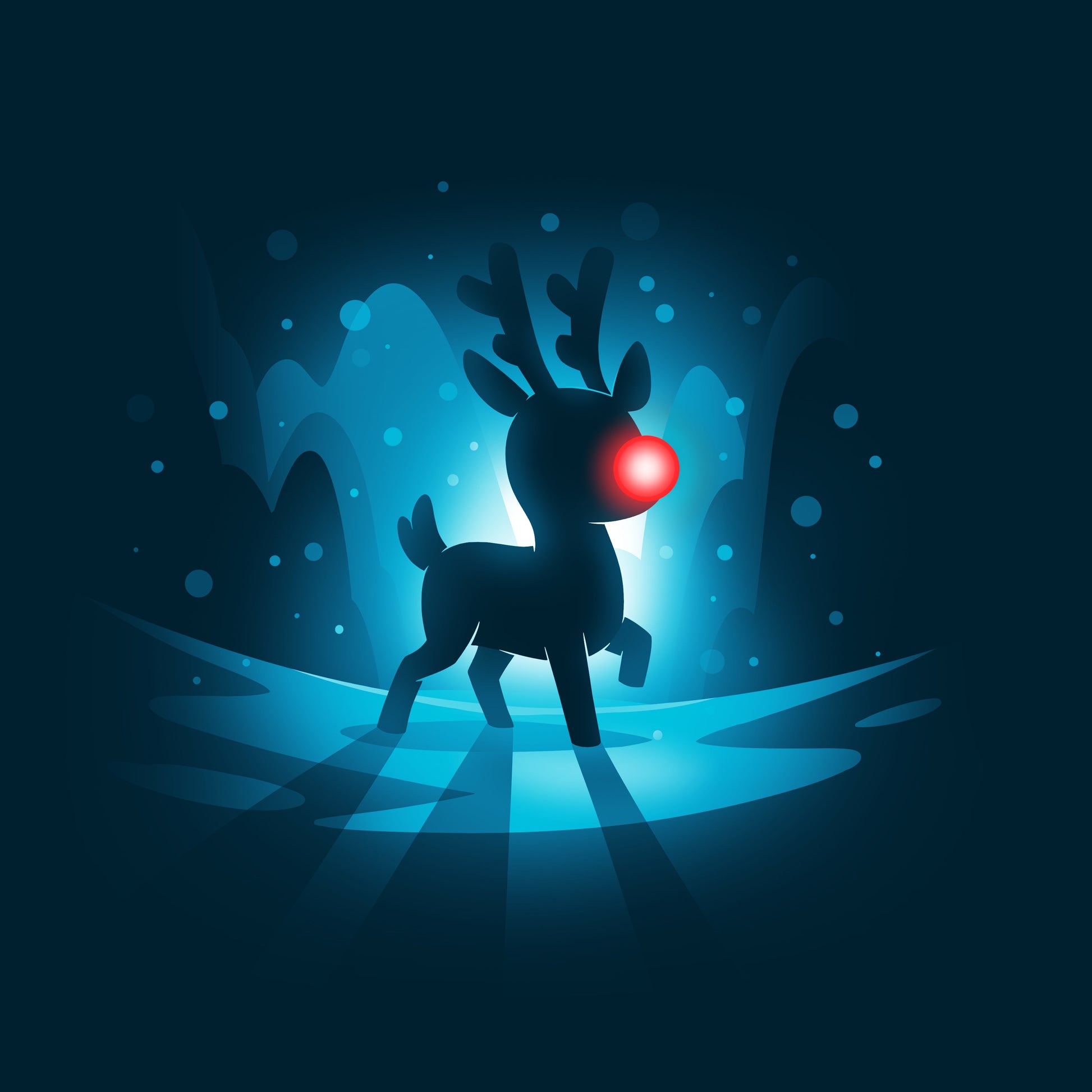 Premium Cotton T-shirt_TeeTurtle Red-Nosed Reindeer navy blue t-shirt featuring a silhouette of a reindeer with a glowing red nose, standing on a reflective surface with a blue, snowy Christmas background.