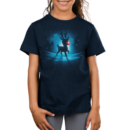 Premium Cotton T-shirt_TeeTurtle Red-Nosed Reindeer navy blue t-shirt featuring a silhouette of a reindeer with a glowing red nose, standing on a reflective surface with a blue, snowy Christmas background.