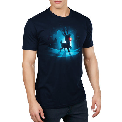 Premium Cotton T-shirt_TeeTurtle Red-Nosed Reindeer navy blue t-shirt featuring a silhouette of a reindeer with a glowing red nose, standing on a reflective surface with a blue, snowy Christmas background.