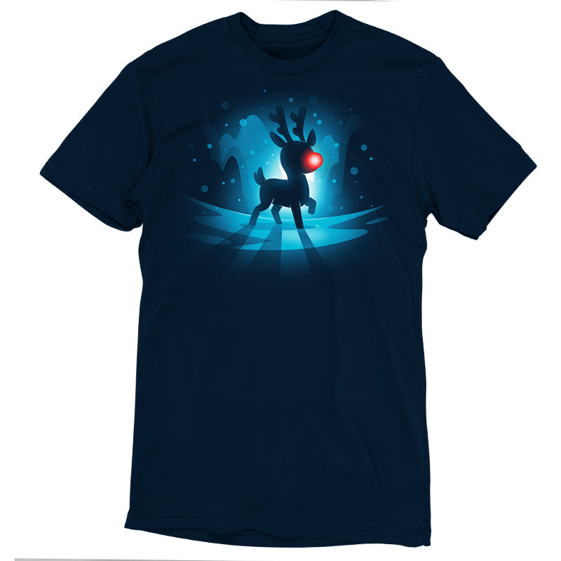 Premium Cotton T-shirt_TeeTurtle Red-Nosed Reindeer navy blue t-shirt featuring a silhouette of a reindeer with a glowing red nose, standing on a reflective surface with a blue, snowy Christmas background.