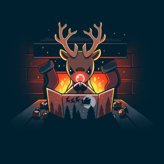 Premium Cotton T-shirt_TeeTurtle Reindeer Game Master navy blue t-shirt featuring a reindeer in a tabletop game christmas scene. The reindeer glowing red nose debating their next game move with dice around the table, in front of a bright fire and stockings hung on the chimney. 