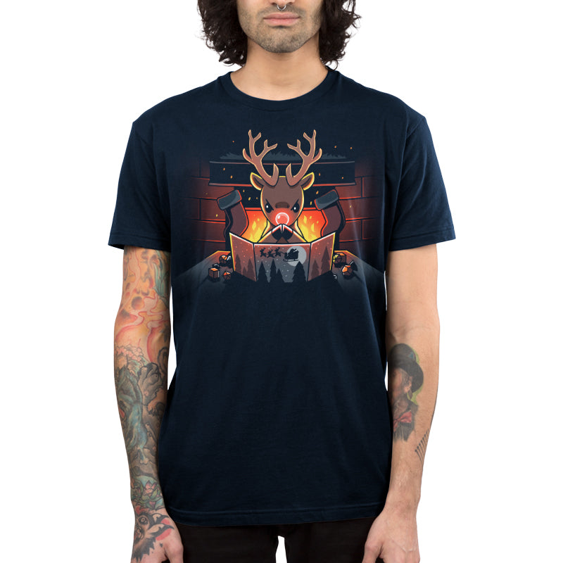 Premium Cotton T-shirt_TeeTurtle Reindeer Game Master navy blue t-shirt featuring a reindeer in a tabletop game christmas scene. The reindeer glowing red nose debating their next game move with dice around the table, in front of a bright fire and stockings hung on the chimney. 