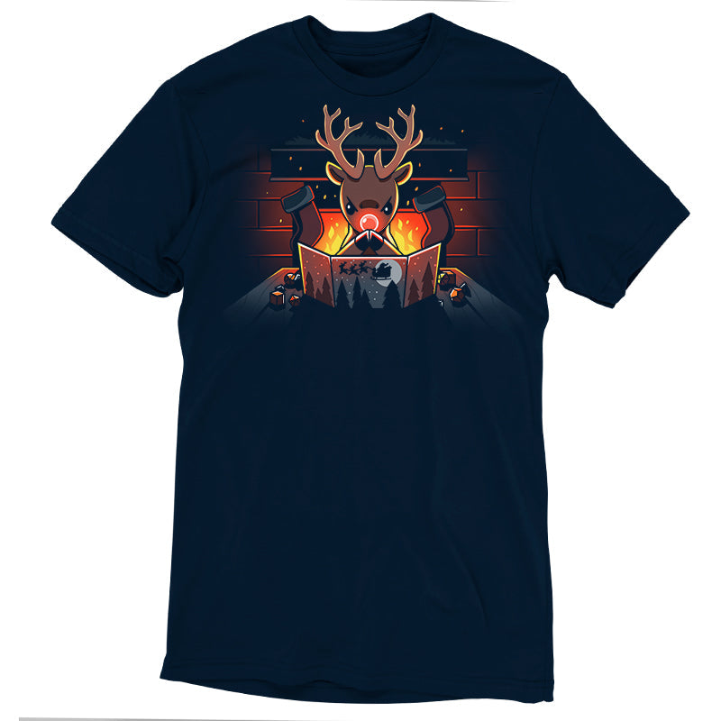 Premium Cotton T-shirt_TeeTurtle Reindeer Game Master navy blue t-shirt featuring a reindeer in a tabletop game christmas scene. The reindeer glowing red nose debating their next game move with dice around the table, in front of a bright fire and stockings hung on the chimney. 