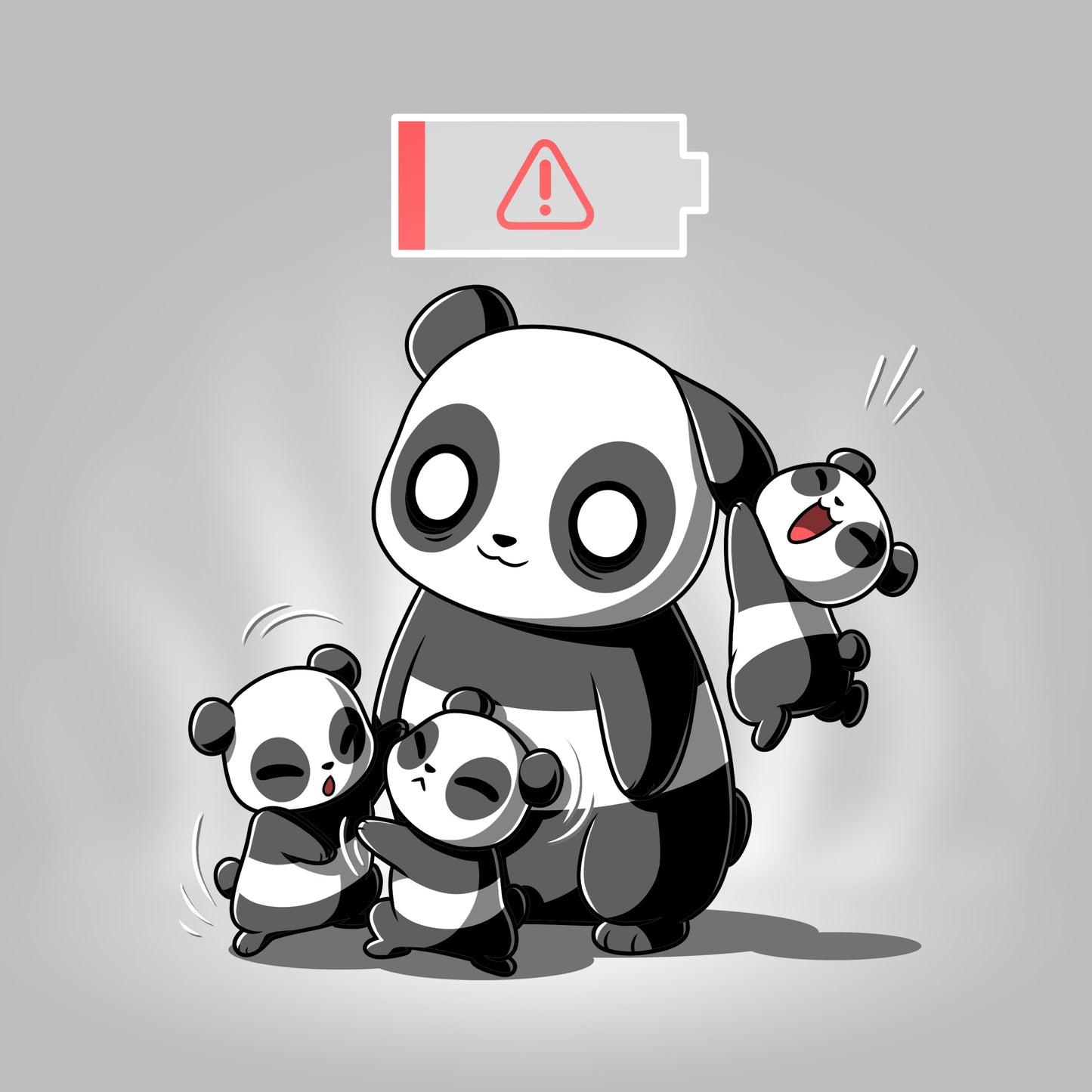 Premium Cotton T-shirt_TeeTurtle Running on Empty silver gray t-shirt featuring a cartoon of a parent panda with two cubs fighting in front of the parent and one cub hanging from the parent's ear with a low battery icon overhead.