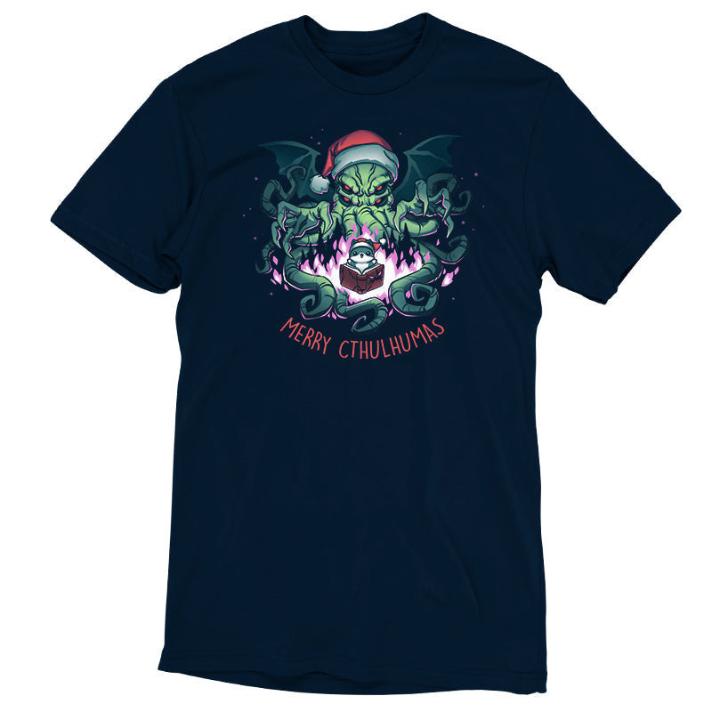 Premium Cotton T-shirt - featuring a big scary cthulhu showing its claws right above a cute little cat in a santa hat with a book open in front of it surrounded by purple fire