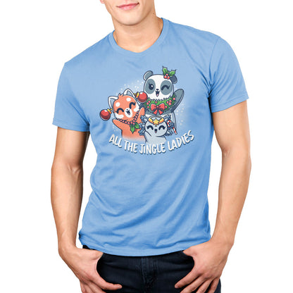 Premium Cotton T-shirt_TeeTurtle light blue All the Jingle Ladies apparel featuring a panda, red panda, and an axolotl wearing Christmas ornaments like jewelry.