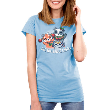 Premium Cotton T-shirt_TeeTurtle light blue All the Jingle Ladies apparel featuring a panda, red panda, and an axolotl wearing Christmas ornaments like jewelry.