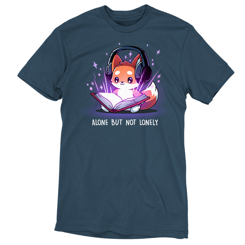 Premium Cotton T-shirt_TeeTurtle denim blue Alone But Not Lonely featuring an introverted fox sitting down with a book and headphones.