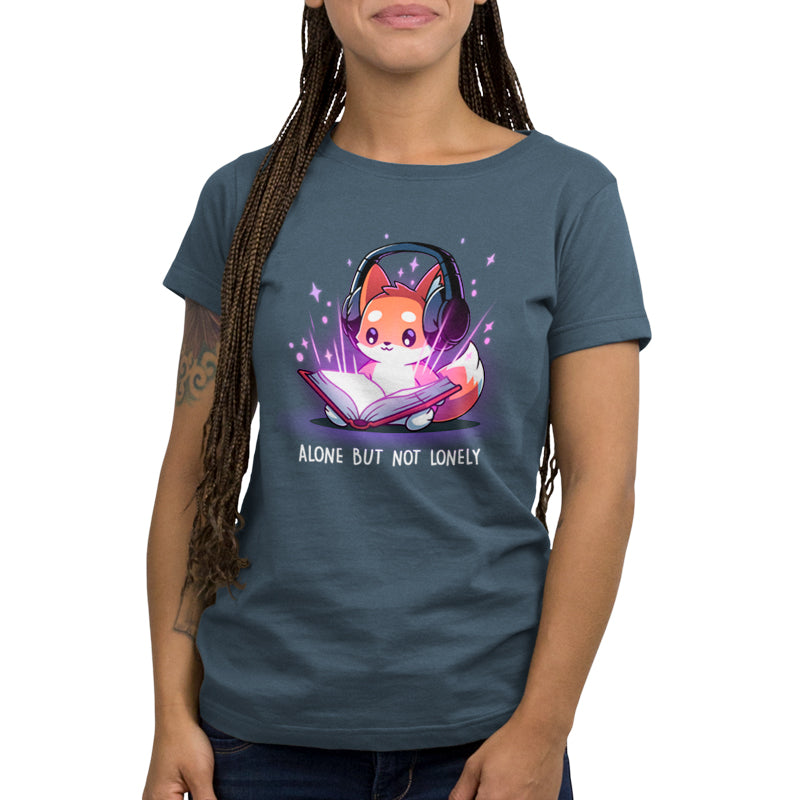 Premium Cotton T-shirt_TeeTurtle denim blue Alone But Not Lonely featuring an introverted fox sitting down with a book and headphones.