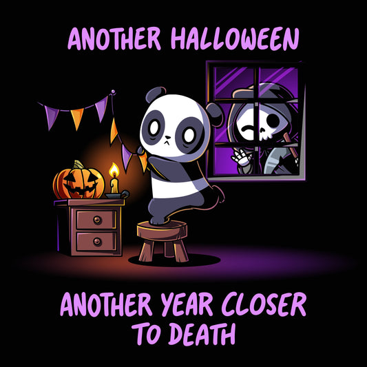 Premium Cotton T-shirt_TeeTurtle black Another Halloween, Another Year Closer to Death featuring a panda hanging up birthday decorations with the Grim Reaper peeking through the window.