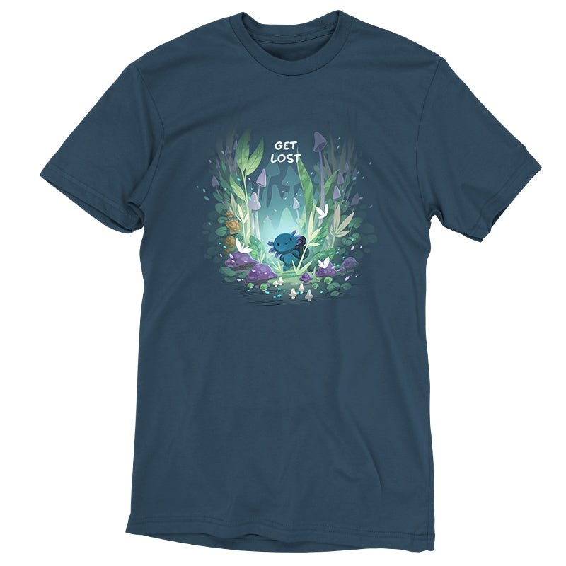 Premium Cotton T-shirt_TeeTurtle Axolotl Explorer denim t-shirt featuring an axolotl surrounded by vibrant, mystical forest plants and mushrooms, with the phrase "get lost" at the top.