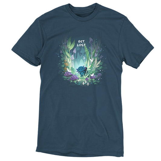 Premium Cotton T-shirt_TeeTurtle Axolotl Explorer denim t-shirt featuring an axolotl surrounded by vibrant, mystical forest plants and mushrooms, with the phrase 