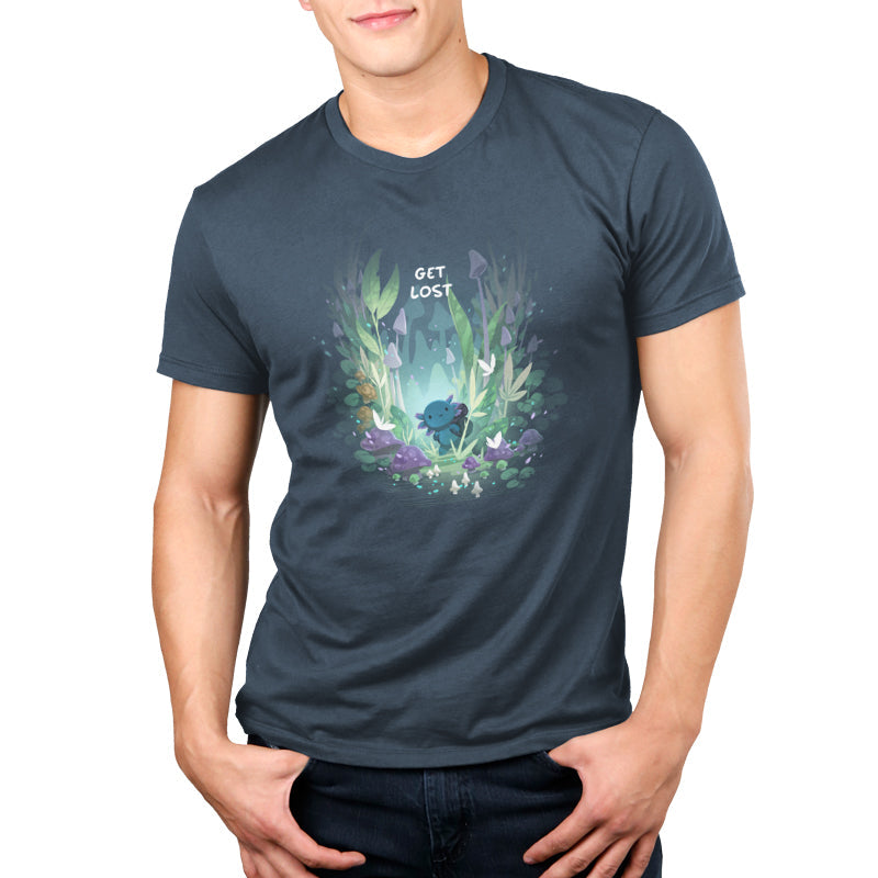 Premium Cotton T-shirt_TeeTurtle Axolotl Explorer denim t-shirt featuring an axolotl surrounded by vibrant, mystical forest plants and mushrooms, with the phrase "get lost" at the top.