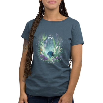 Premium Cotton T-shirt_TeeTurtle Axolotl Explorer denim t-shirt featuring an axolotl surrounded by vibrant, mystical forest plants and mushrooms, with the phrase "get lost" at the top.