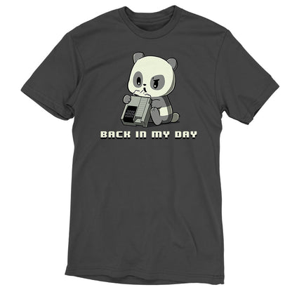 Premium Cotton T-shirt_A cartoon panda blows into an old video game cartridge labeled "Super Panda Bros." on a charcoal gray apparel. The text below reads "Back in my day." This monsterdigital "Back in My Day" original is perfect for the nostalgic video game technician.