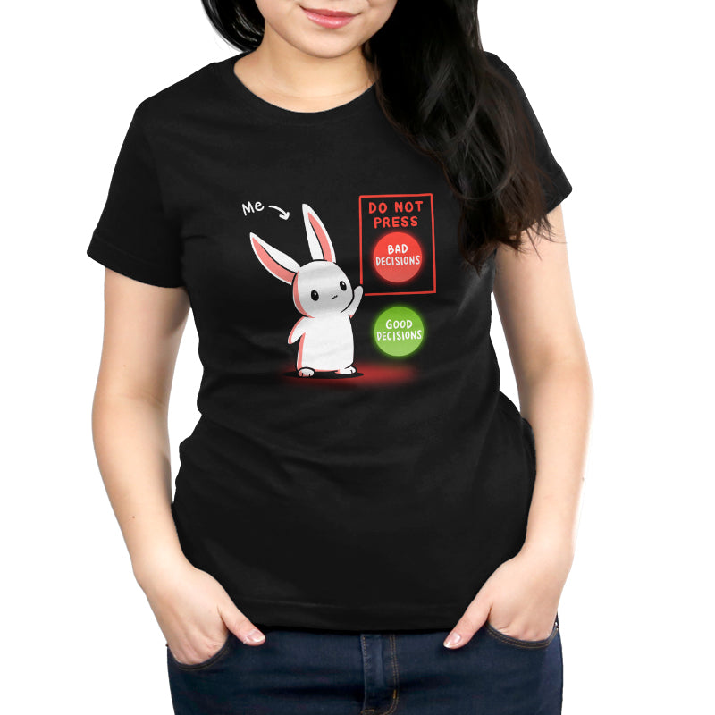 Premium Cotton T-shirt_TeeTurtle Bad Decision Bunny black t-shirt featuring a bunny with an arrow that says "me." The bunny is pointing to a red button labeled "DO NOT PRESS. BAD DECISIONS" next to a green button labeled "GOOD DECISIONS."