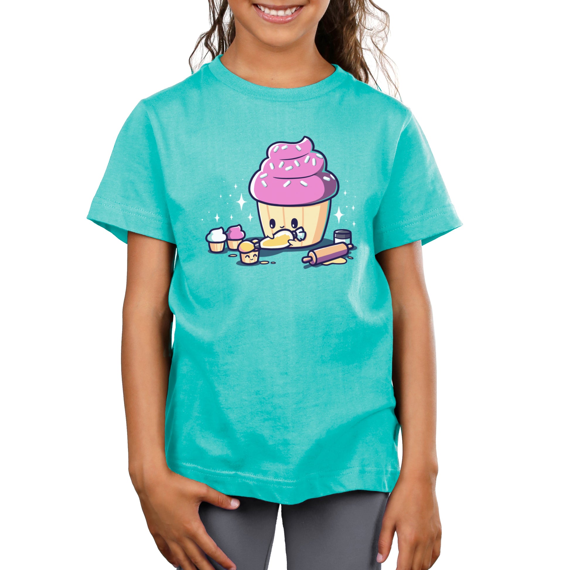 Premium Cotton T-shirt_Teeturtle Baking Cupcakes caribbean blue t-shirt featuring a big cartoon-styled cupcake putting icing on smaller cupcakes.