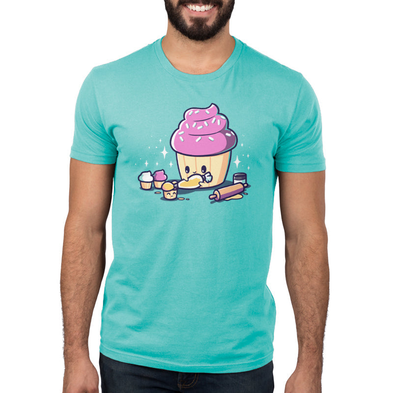 Premium Cotton T-shirt_Teeturtle Baking Cupcakes caribbean blue t-shirt featuring a big cartoon-styled cupcake putting icing on smaller cupcakes.