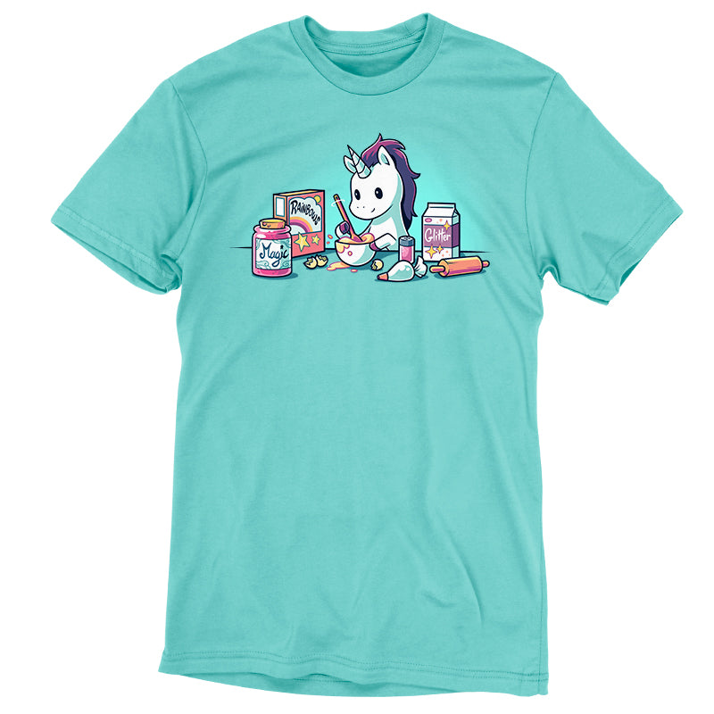 Premium Cotton T-shirt_Teeturtle Baking Unicorn Caribbean Blue t-shirt Featuring a Unicorn baking with the ingredients of Magic, Rainbows and Glitter.