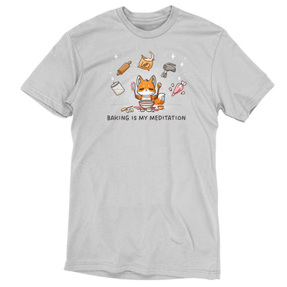 Premium Cotton T-shirt_TeeTurtle silver gray Baking Is My Meditation t-shirt featuring a peaceful fox in front of a bowl of batter holding baking tools with other baking tools floating around it in an arc.