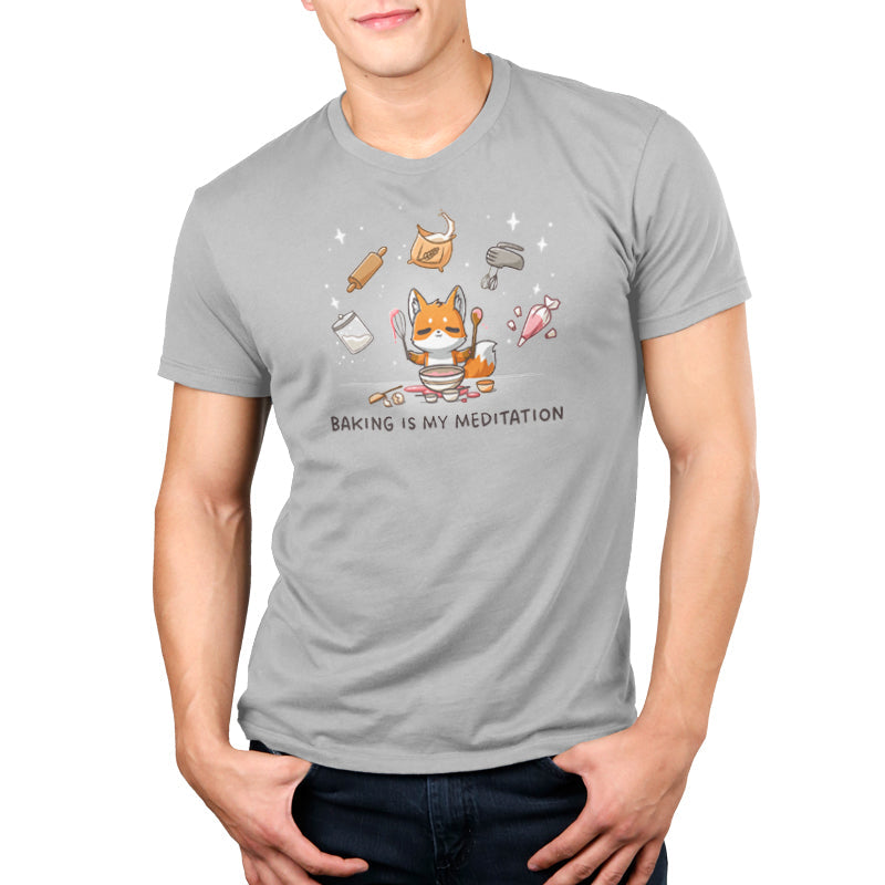 Premium Cotton T-shirt_TeeTurtle silver gray Baking Is My Meditation t-shirt featuring a peaceful fox in front of a bowl of batter holding baking tools with other baking tools floating around it in an arc.