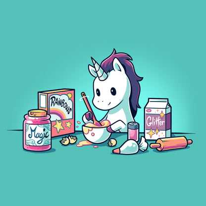 Premium Cotton T-shirt_Teeturtle Baking Unicorn Caribbean Blue t-shirt Featuring a Unicorn baking with the ingredients of Magic, Rainbows and Glitter.