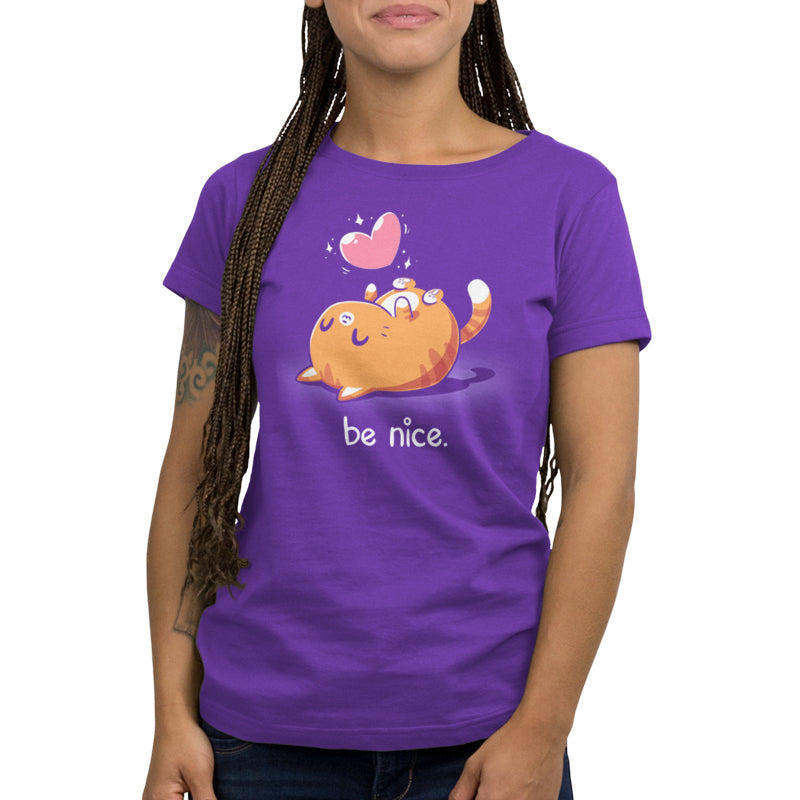 Premium Cotton T-shirt_Teeturtle Be Nice Purple Featuring a happy cat laying on its back with a sparkling heart above it and the words 'be nice.' below.