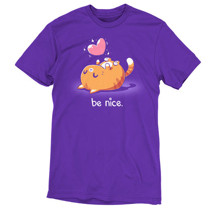 Premium Cotton T-shirt_Teeturtle Be Nice Purple Featuring a happy cat laying on its back with a sparkling heart above it and the words 'be nice.' below.