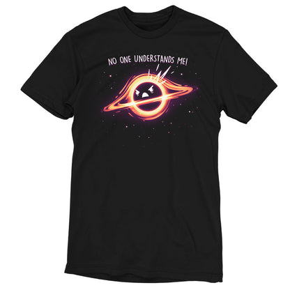 Premium Cotton T-shirt - MonsterDigital's Black Hole Angst unisex apparelfeaturing a graphic of a cartoon planet with a face, encircled by a ring, and the text "no one understands me!" in a cosmic theme.