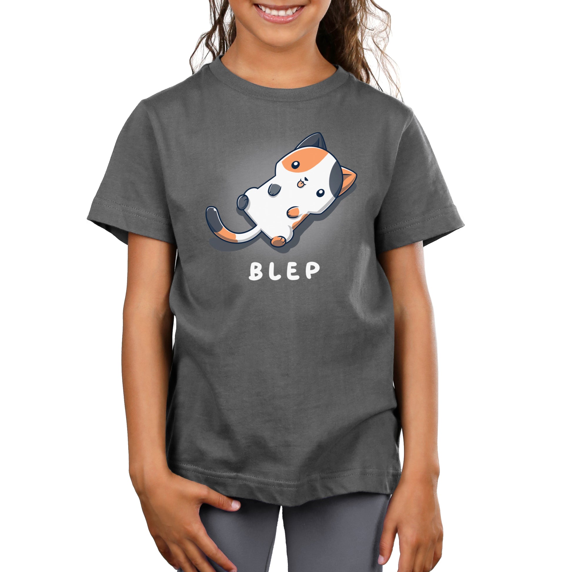 Premium Cotton T-shirt_TeeTurtle Blep Kitty Charcoal Gray t-shirt featuring an illustration of a white and orange cat laying on its back with its tongue sticking out. The word "BLEP" is written below the image.