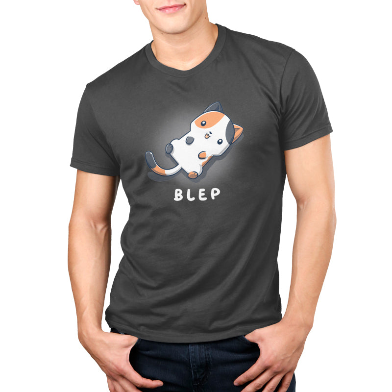 Premium Cotton T-shirt_TeeTurtle Blep Kitty Charcoal Gray t-shirt featuring an illustration of a white and orange cat laying on its back with its tongue sticking out. The word "BLEP" is written below the image.