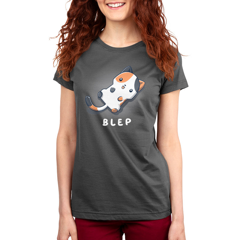 Premium Cotton T-shirt_TeeTurtle Blep Kitty Charcoal Gray t-shirt featuring an illustration of a white and orange cat laying on its back with its tongue sticking out. The word "BLEP" is written below the image.