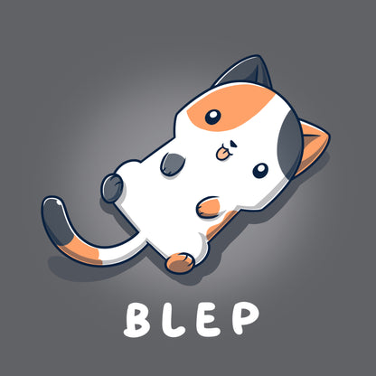 Premium Cotton T-shirt_TeeTurtle Blep Kitty Charcoal Gray t-shirt featuring an illustration of a white and orange cat laying on its back with its tongue sticking out. The word "BLEP" is written below the image.