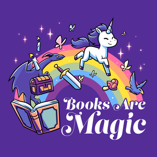 Premium Cotton T-shirt_TeeTurtle Books Are Magic(Unicorn) purple t-shirt featuring a flying unicorn, open book, rainbow, treasure chest, sword, and birds.