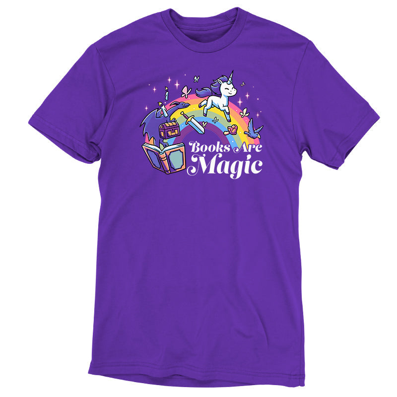 Premium Cotton T-shirt_TeeTurtle Books Are Magic(Unicorn) purple t-shirt featuring a flying unicorn, open book, rainbow, treasure chest, sword, and birds.