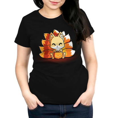 Premium Cotton T-shirt_TeeTurtle Candy Corn Kitsune black t-shirt featuring a happy kitsune holding a Halloween jack-o-lantern full of candy corn.