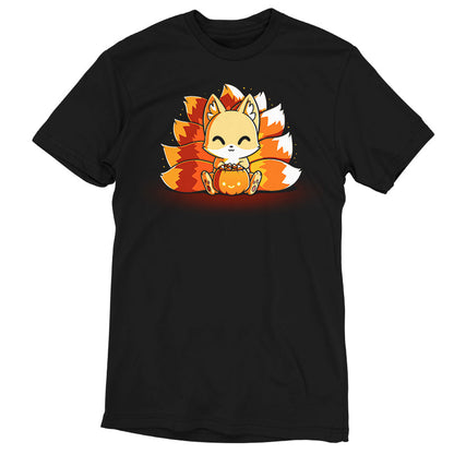 Premium Cotton T-shirt_TeeTurtle Candy Corn Kitsune black t-shirt featuring a happy kitsune holding a Halloween jack-o-lantern full of candy corn.