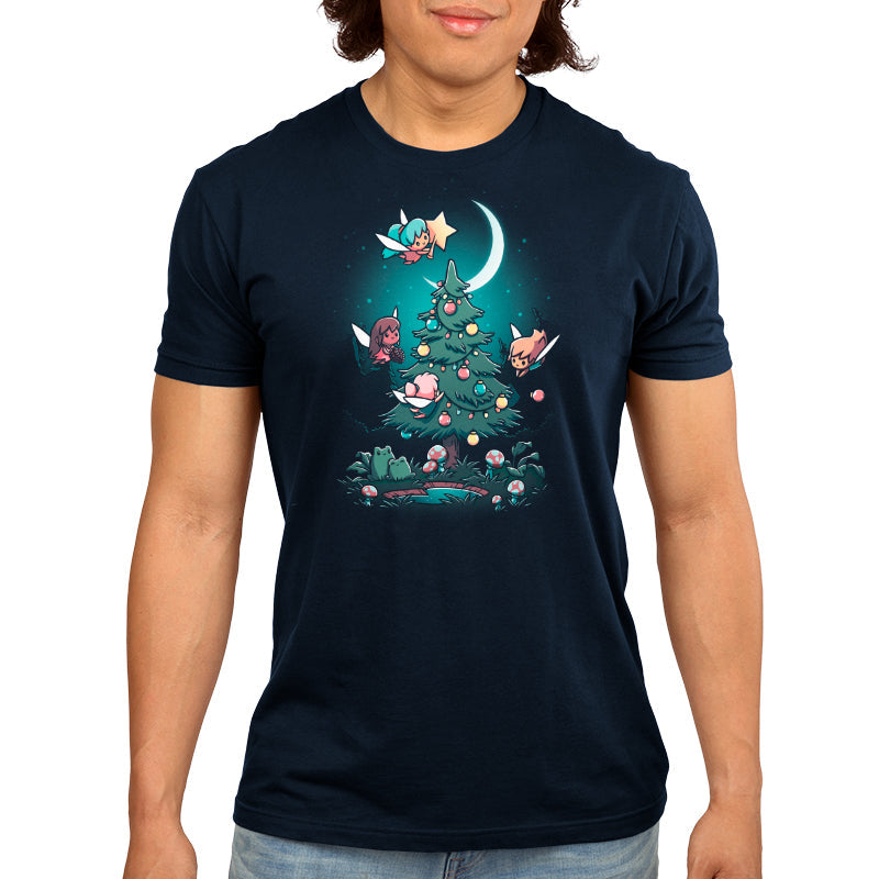 Premium Cotton T-shirt - featuring four little Christmas fairies flying around a tree in the woods decorating it with lights and ornaments