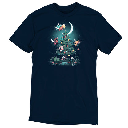 Premium Cotton T-shirt - featuring four little Christmas fairies flying around a tree in the woods decorating it with lights and ornaments