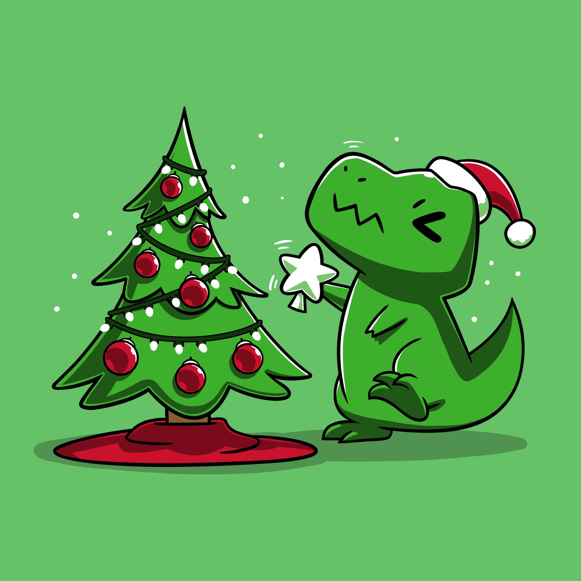 Premium Cotton T-shirt_TeeTurtle Christmas T-Rex apple green t-shirt featuring a cartoon dinosaur wearing a Santa hat placing a star atop a Christmas tree adorned with red baubles and lights. 