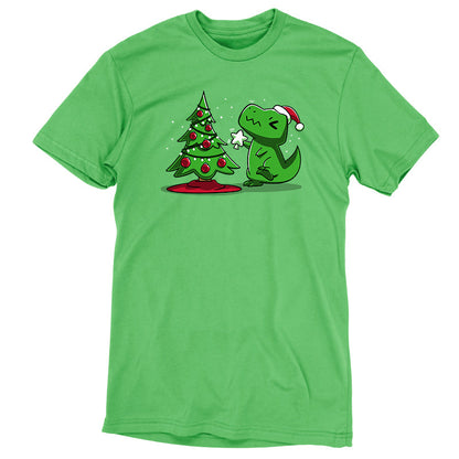 Premium Cotton T-shirt_TeeTurtle Christmas T-Rex apple green t-shirt featuring a cartoon dinosaur wearing a Santa hat placing a star atop a Christmas tree adorned with red baubles and lights. 