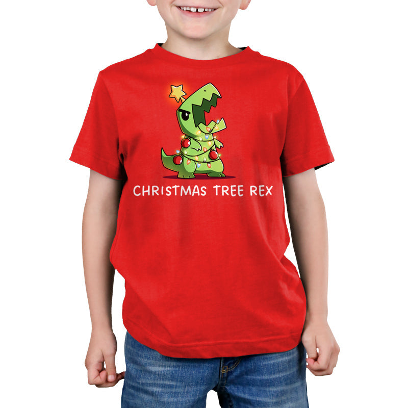 Premium Cotton T-shirt_TeeTurtle red Christmas Tree Rex apparel featuring a roaring t-rex tangled in holiday lights.