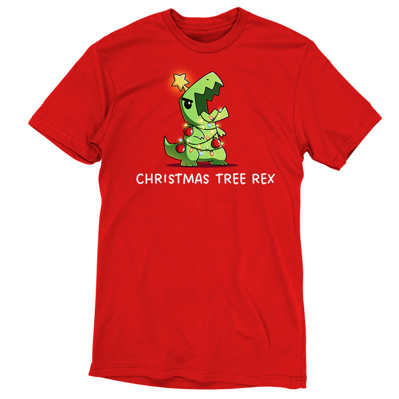 Premium Cotton T-shirt_TeeTurtle red Christmas Tree Rex apparel featuring a roaring t-rex tangled in holiday lights.