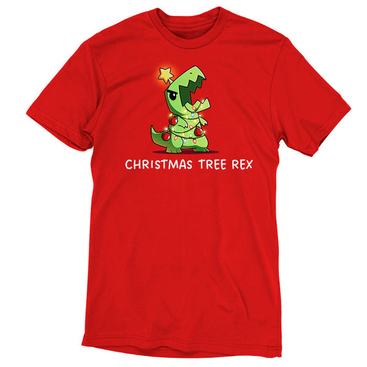 Premium Cotton T-shirt_TeeTurtle red Christmas Tree Rex apparel featuring a roaring t-rex tangled in holiday lights.