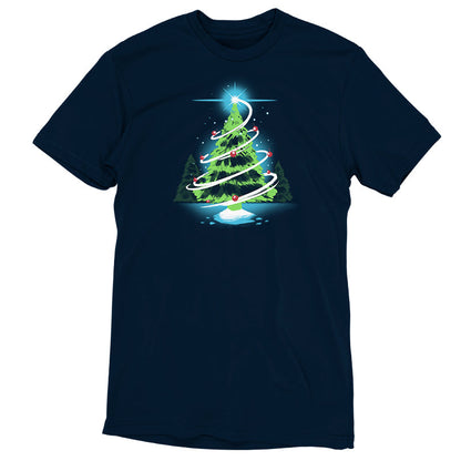 Premium Cotton T-shirt_TeeTurtle Christmas Tree navy blue t-shirt featuring a green tree in the forest with red ornaments with a white swirl around the tree and a winkling start right above it